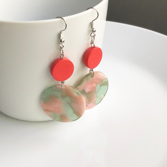 NEW "Terra" Acrylic Wooden Round Earrings (Pink) - Picture 4 of 8